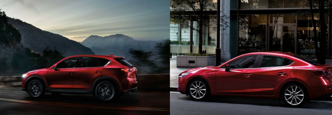 Side by side images of the 2018 Mazda CX-5 and Mazda3 sedan on dark backgrounds