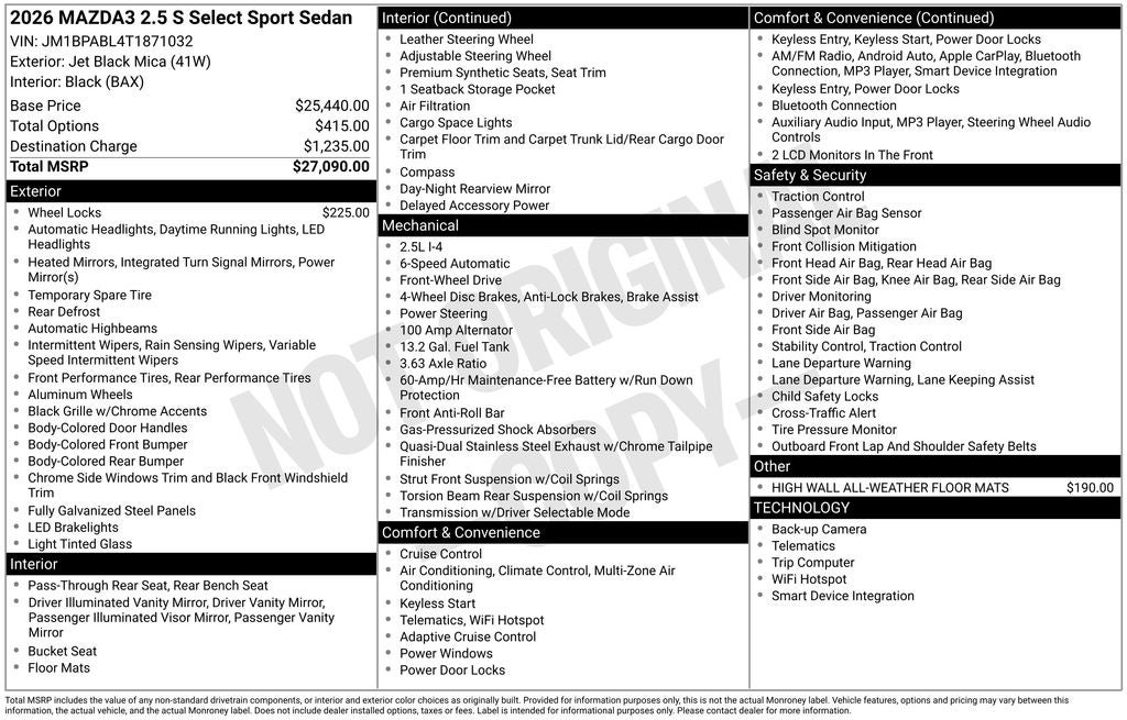 2026 Mazda Mazda3 Sedan 2.5 S Select Sport