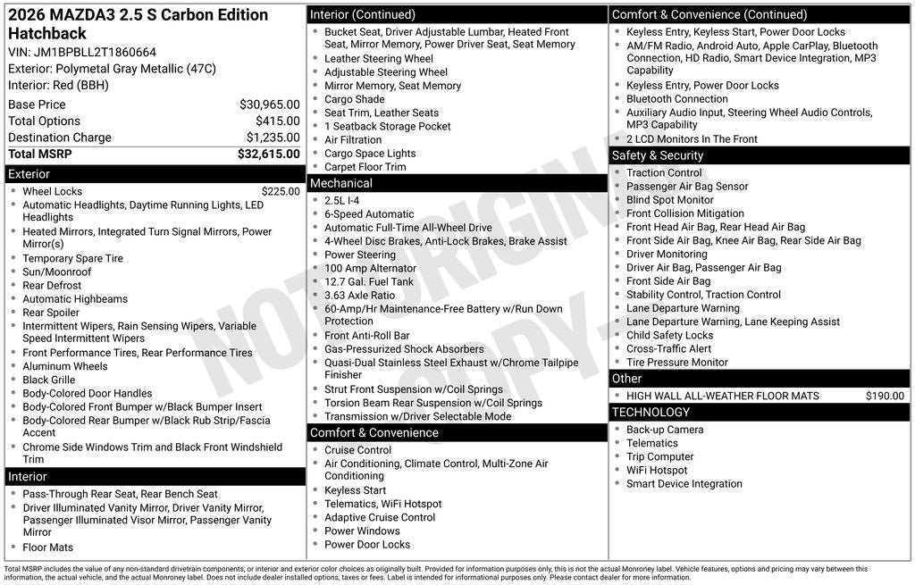 2026 Mazda Mazda3 Hatchback 2.5 S Carbon Edition AWD