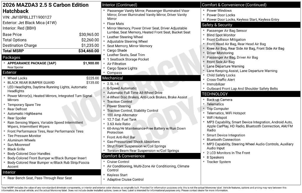 2026 Mazda Mazda3 Hatchback 2.5 S Carbon Edition AWD