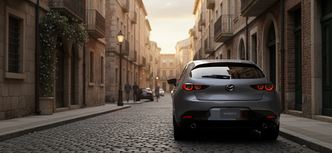 The 2026 Mazda3 hatchback parked on a brick-paved road