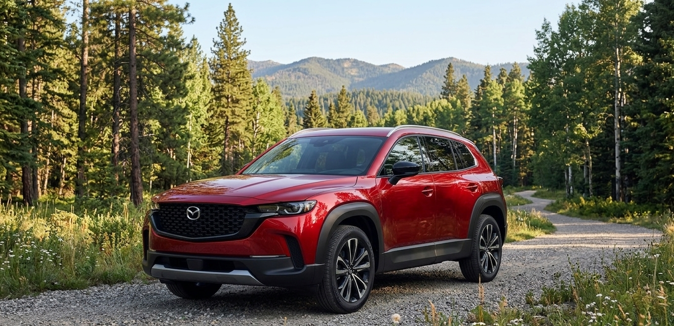 The 2026 Mazda CX-50 hybrid with red exterior set against a forested background