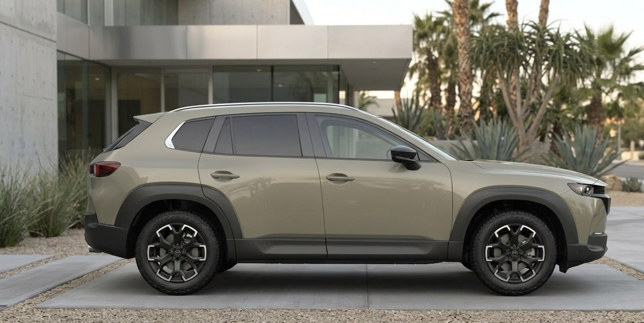 The S 2.5 Meridian edition 2026 Mazda CX-50 with a Zircon Sand exterior paint parked outside a residential building