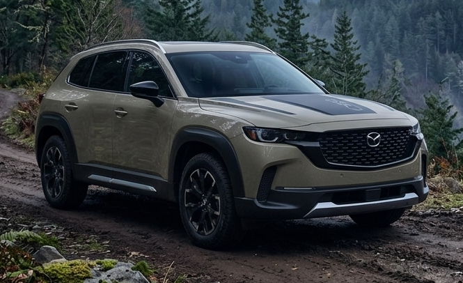 The 2026 Mazda CX-50 Meridian Turbo edition parked on forested road