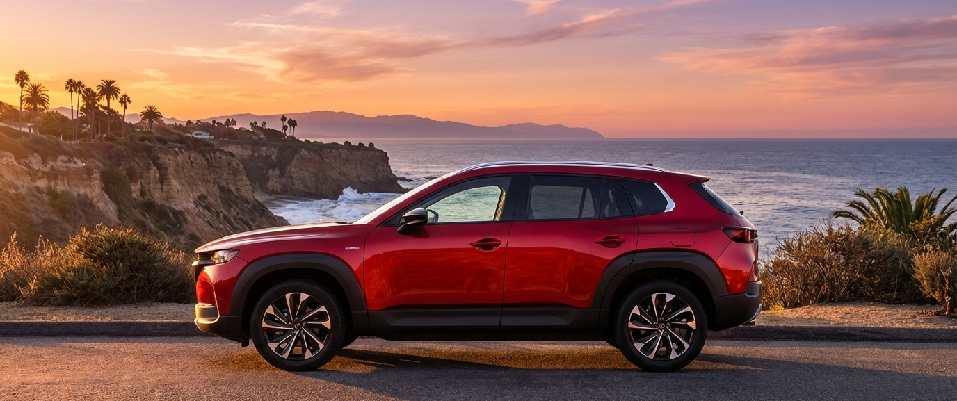 The 2026 Mazda CX-50 Hybrid being driven along a coast with a view of the ocean