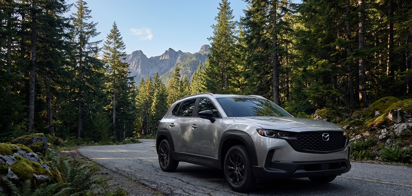 The 2026 Mazda CX-50 Hybrid on a forested road