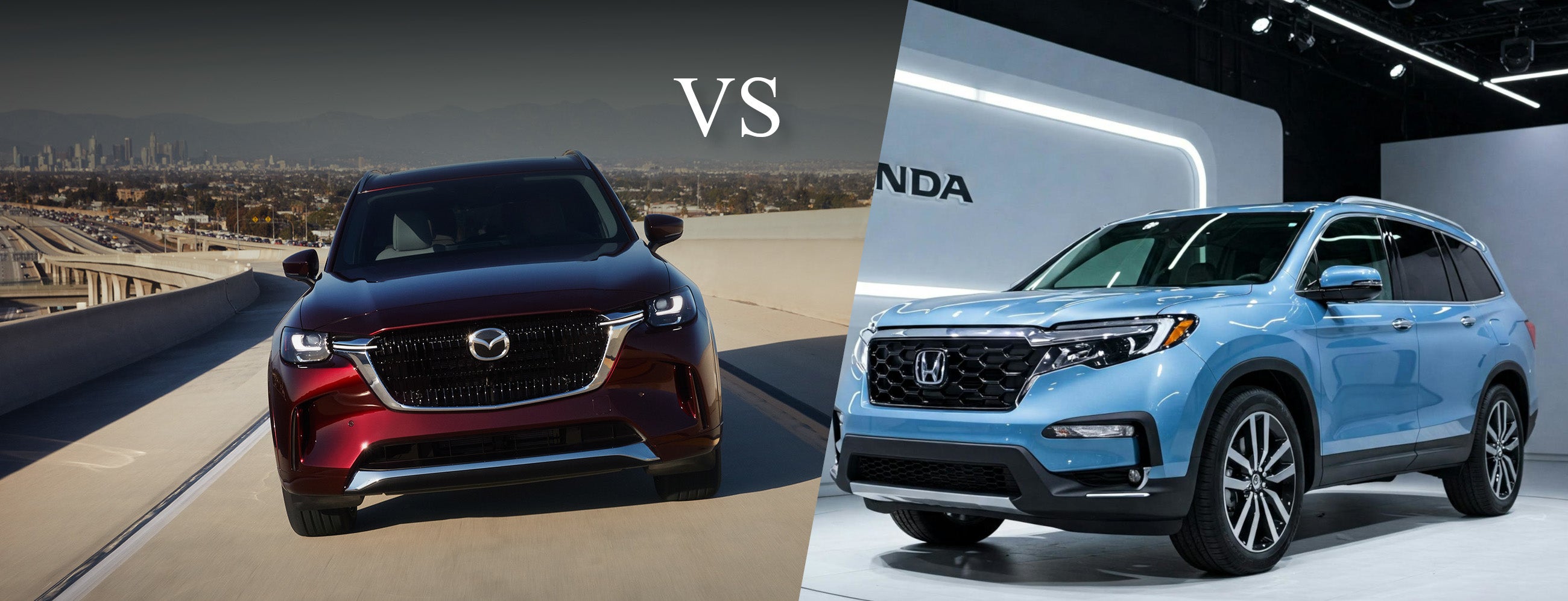 Comparison image of the 2025 Mazda CX-50 vs. 2025 Honda Pilot.